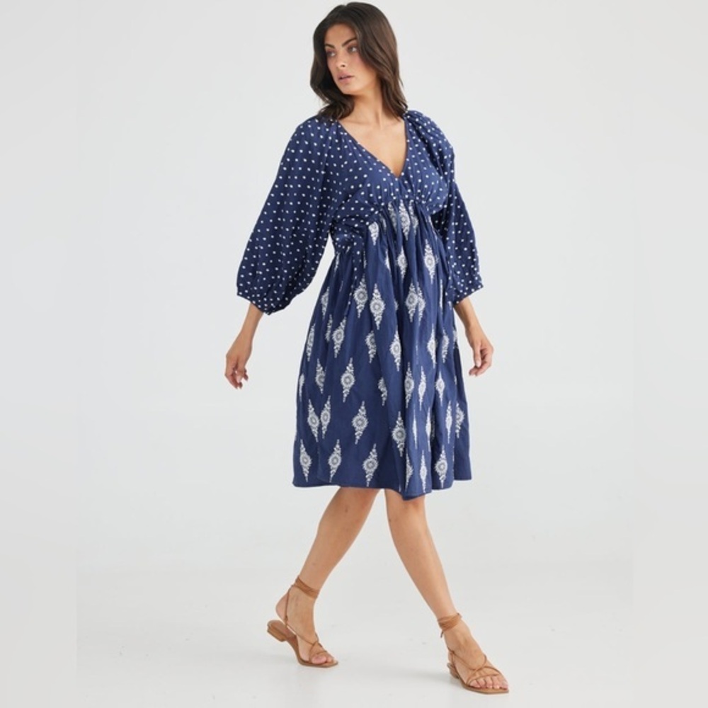 Talisman Gaia Long Sleeve Embroidered Dress in Navy Size Extra Large